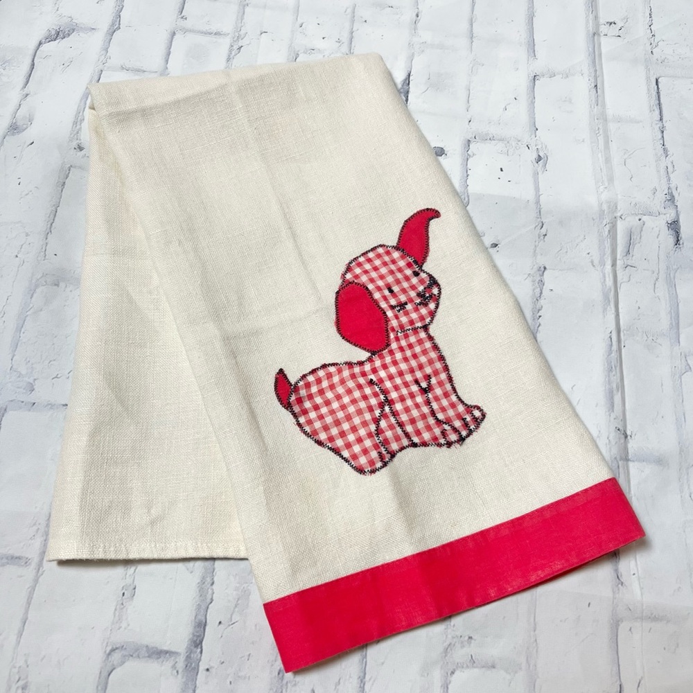 Vtg Mid Century Red Gingham Dog Applique Linen Tea Towel Retro Kitchen Kitsch